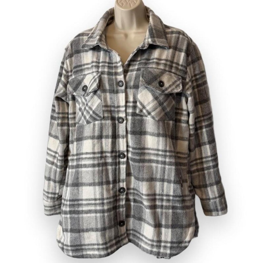 Thread & Supply Gray & White Plaid Flannel Shacket, Women's Size M